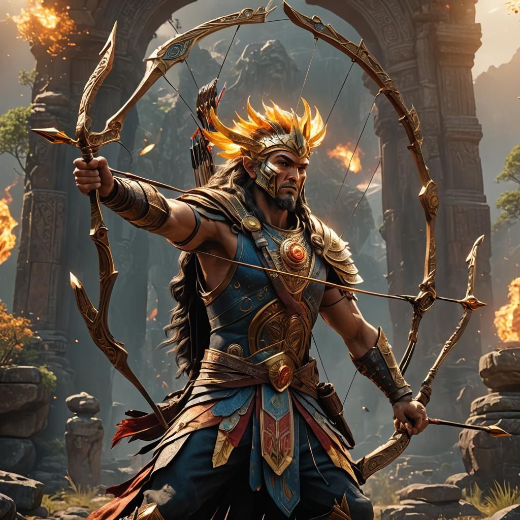 god of the sun shooting a bow and arrow cinematic pose detai...