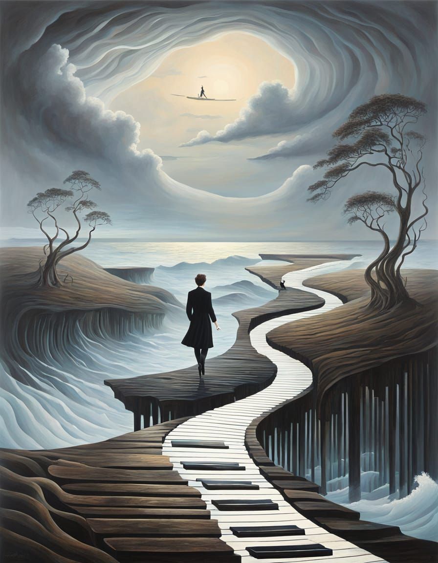 Ethereal coastal landscape, silhouetted figure walking along curvilinear piano keys, driftwood and scattered ...  by @morr5750