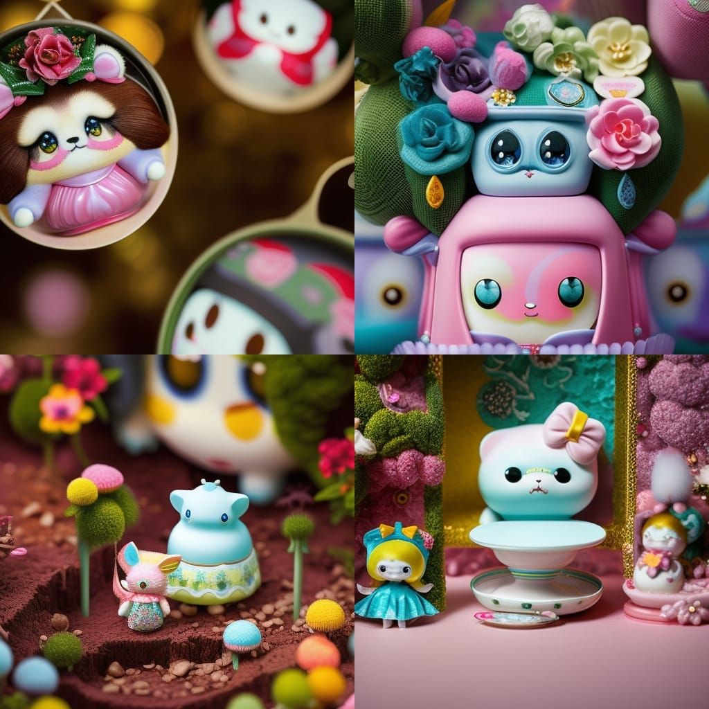 Macrophotography of sanrio characters in a rococo doll house...