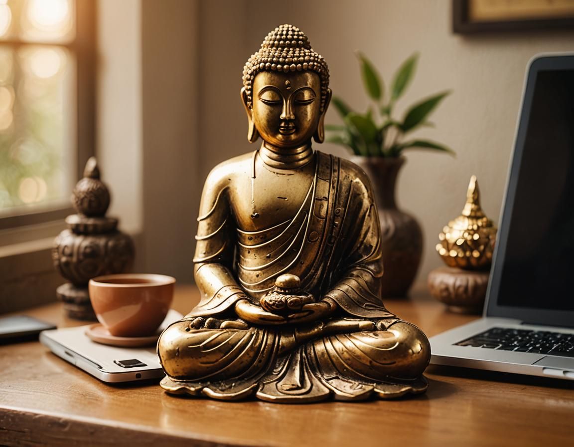 office table decorated in Buddhist style, with laptop, (small:1.5) Buddha statue on table