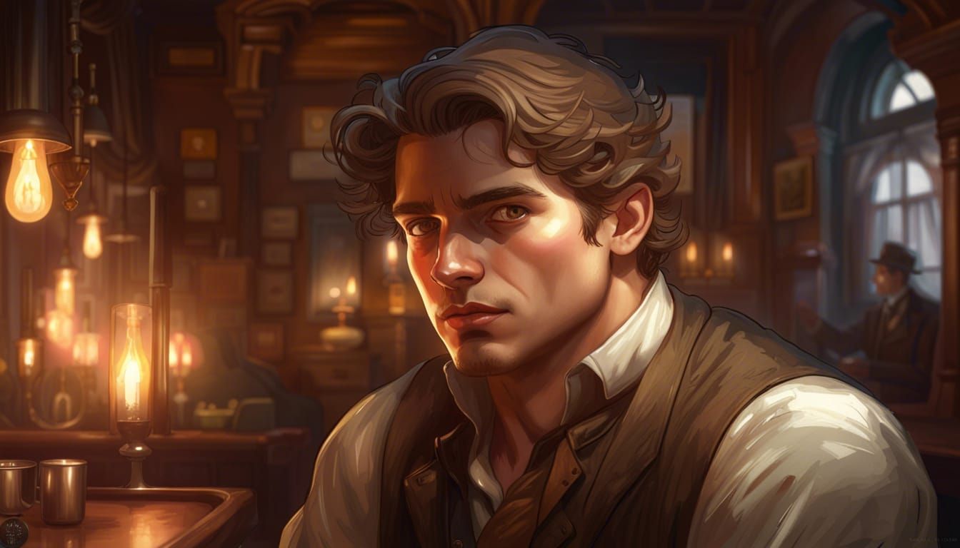 Sammy, handsome young man in a Victorian tavern, beautiful l...