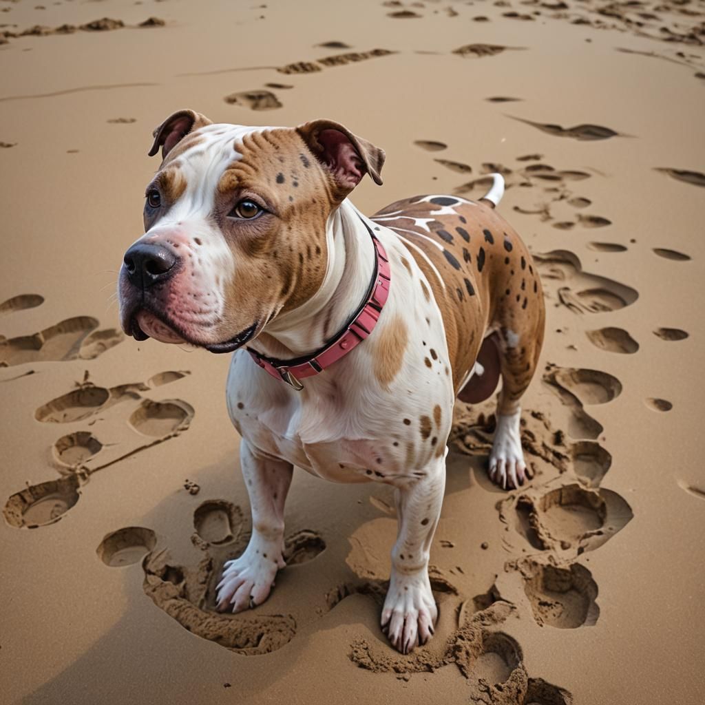 Here Island full of American terrier muscular pitbulls with a shiny sand tan and white large spots coat, nose is pink spotted.
