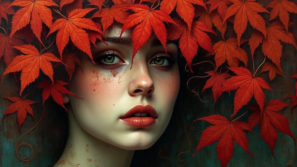 Surrealist Portrait of a Woman in Crimson Tapestry