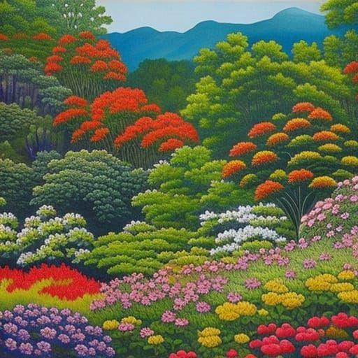 depicts a majestic garden in bright colors. The paintings sh...