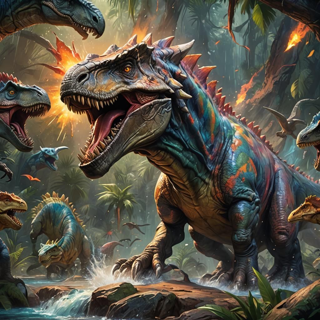 Prehistoric, dinosaurs,   by @Feebleeona