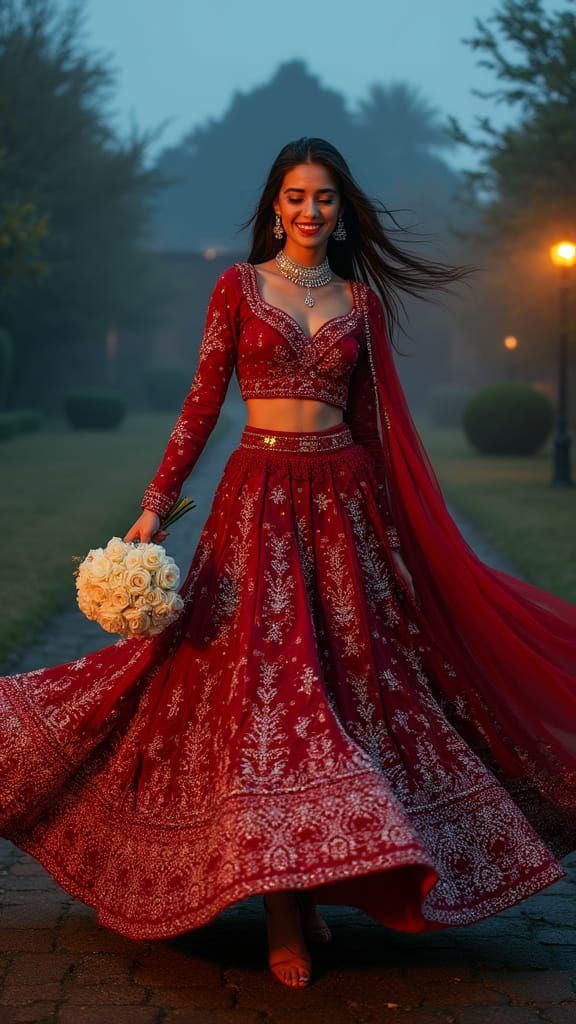 a hyper-realistic, visually mesmerizing outdoor scene at dusk of a joyful beautiful stunning supermodel-like bride mid-spin, wearing a glist...