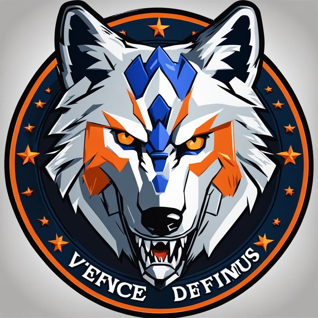 Military patch with a blue and orange fierce wolf  banner  b...