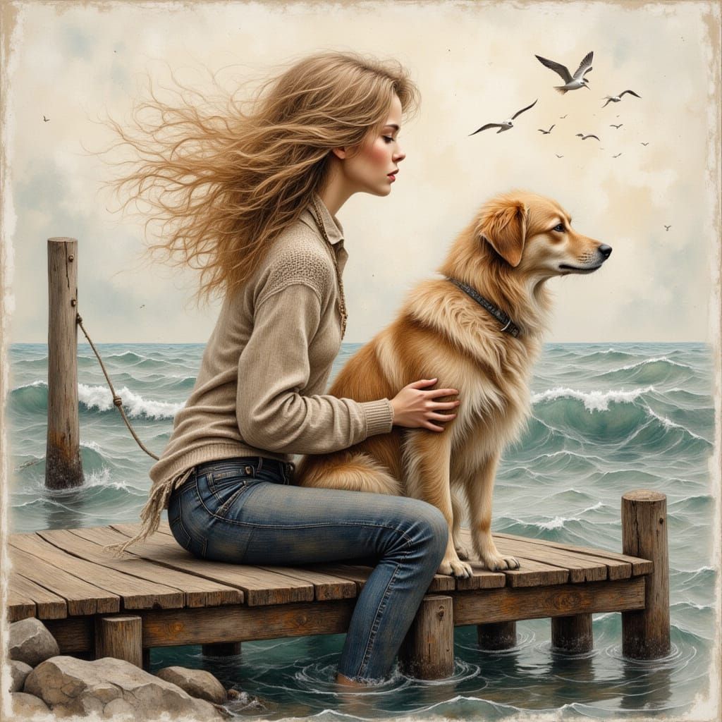 Dreamy Woman and Dog on Jetty, Ethereal Watercolor Style