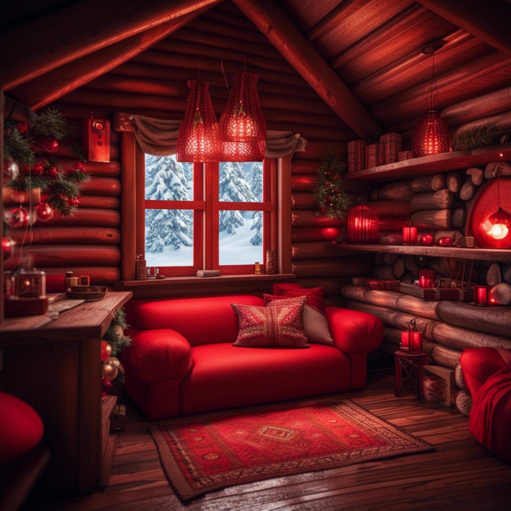 a red onrnament inside a cozy winter cabin, 8k resolution