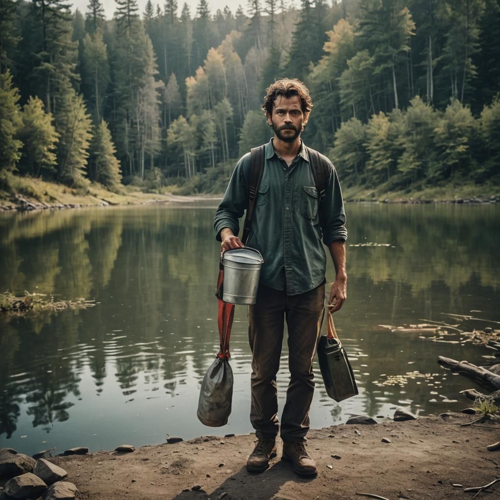 A man has his BACK to a lake. He is holding a pail. He is looking at the camera. We see his eyes. 