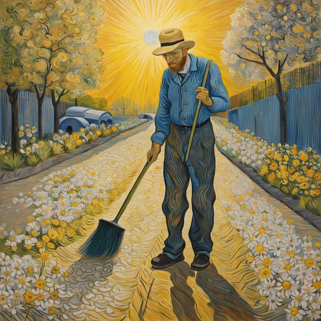 Vincent Van Gogh  ,full body portrait,masterpiece,flowers , hyperrealism, surrealism , working as a road ...  by @The Bard
