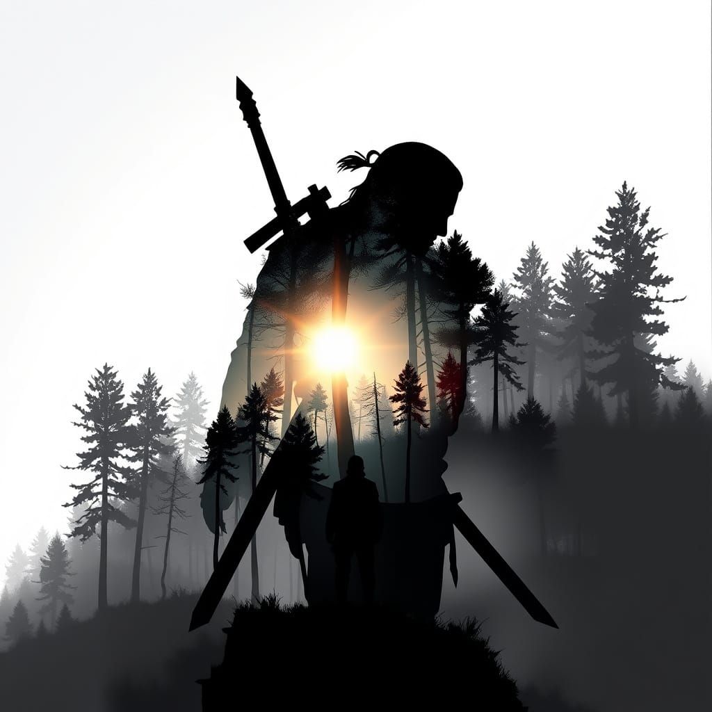 The Witcher Silhouette Against Vibrant Forest Landscape in D...