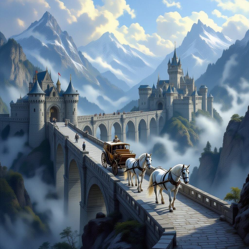 Epic Fantasy Bridge Connects Mountain Castles with Carriage