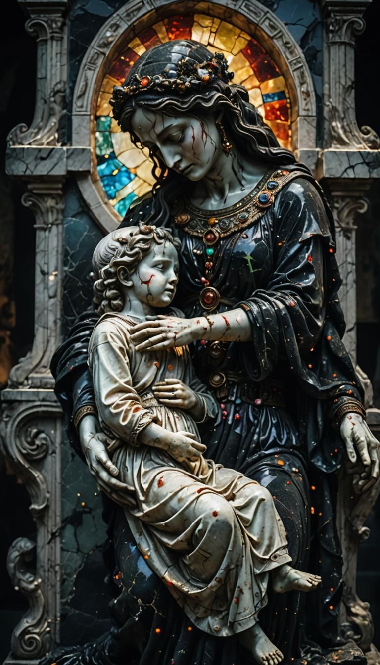 Sorrowful Goddess Statue with Opalescent Inlays