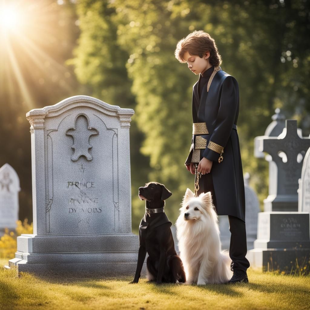 prince with a dog next to a grave