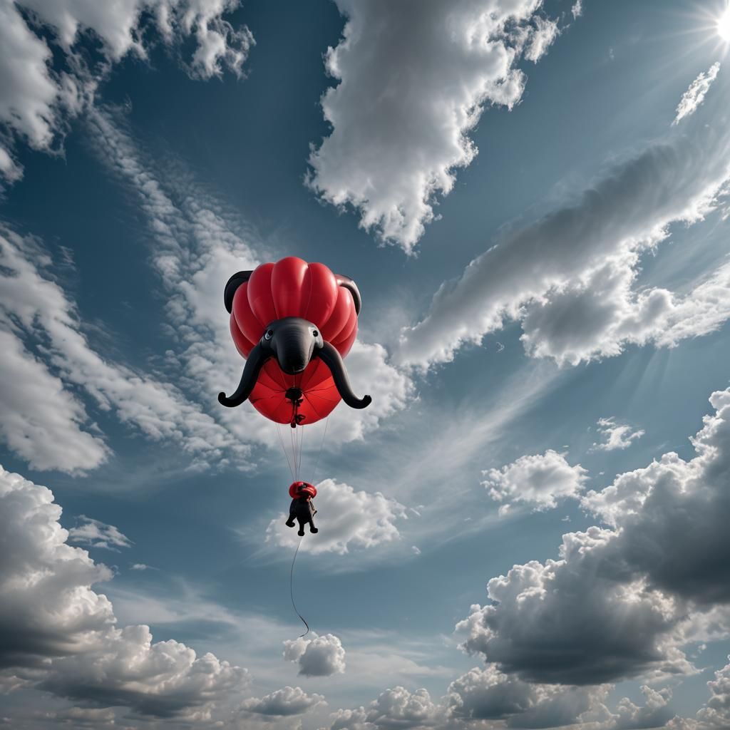 An inflated glossy bright red balloon in the shape of an ele...