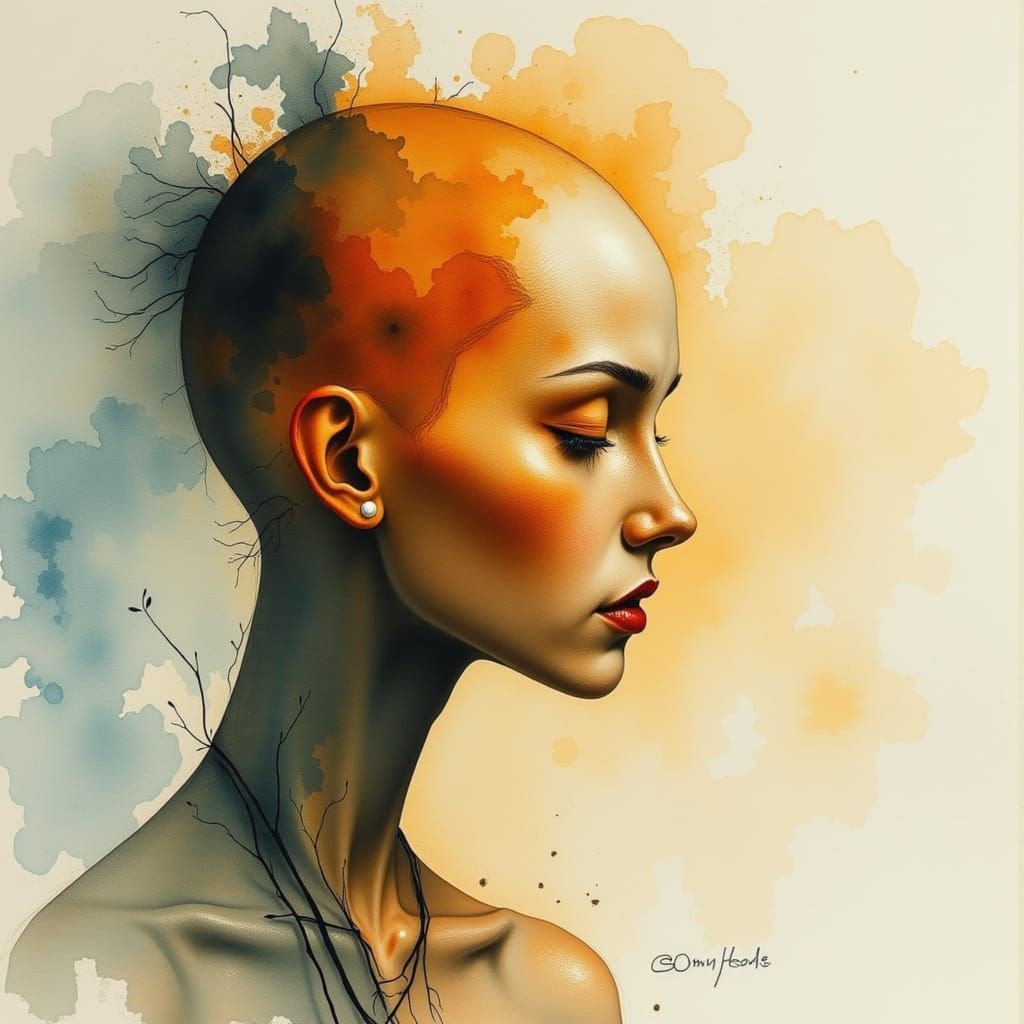 Watercolour Art. Close-up. Chaotic <lora:Whimsical figures:1.0> beauty.  Soft, warm light peeking through misty veil. Vibrant, yet serene. ...