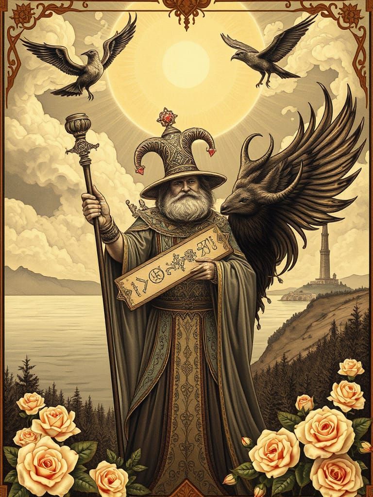 Majestic Sorcerer in Art Nouveau Style with Majestic Hirsch....