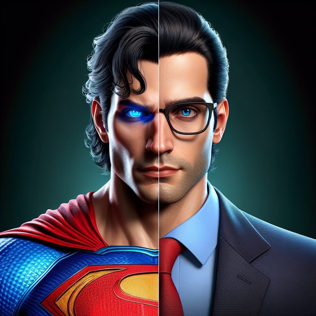 Photorealistic Split face portrait of Superman and Clark Ken...