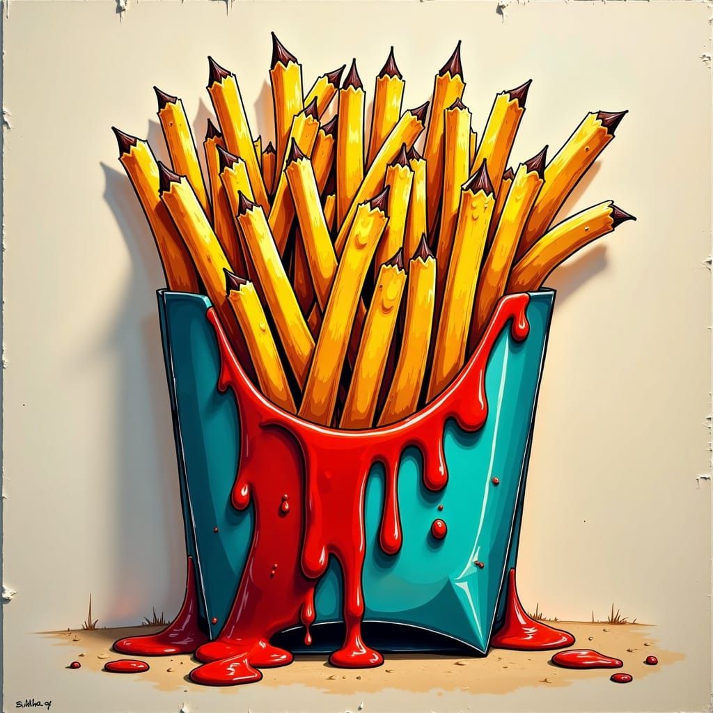  <lora:GraffitiPiece FL:1.0> A carton of fries with ketchup drizzled on the side.