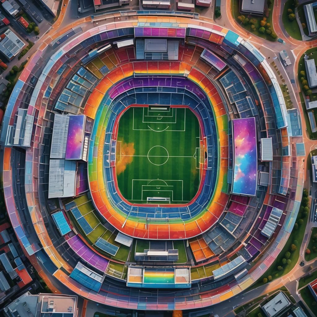 Overhead view of a football stadium with rainbow pitch