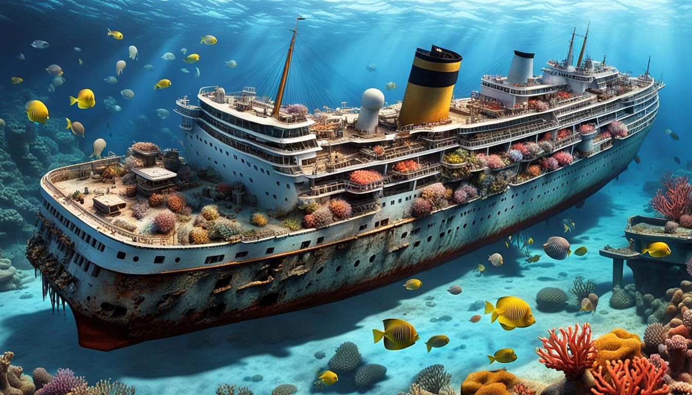 Photorealistic image of an early 20th-century cruise ship wreck, resting at an average depth.  by @Pakko50