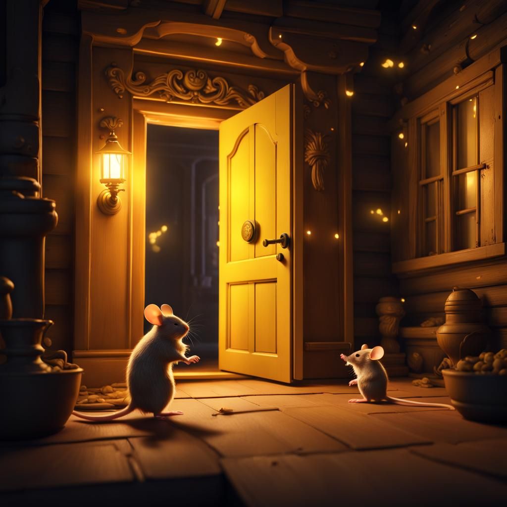 family house mouse with the door open at night illuminated a...