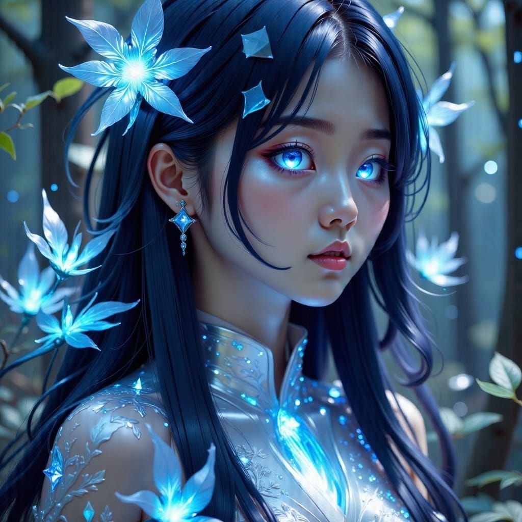 <lora:Project Sakura Fx:1.0>, crystalline goddess, blue glowing flower eyes, long hair, detailed head and shoulders portrait, detailed intri...