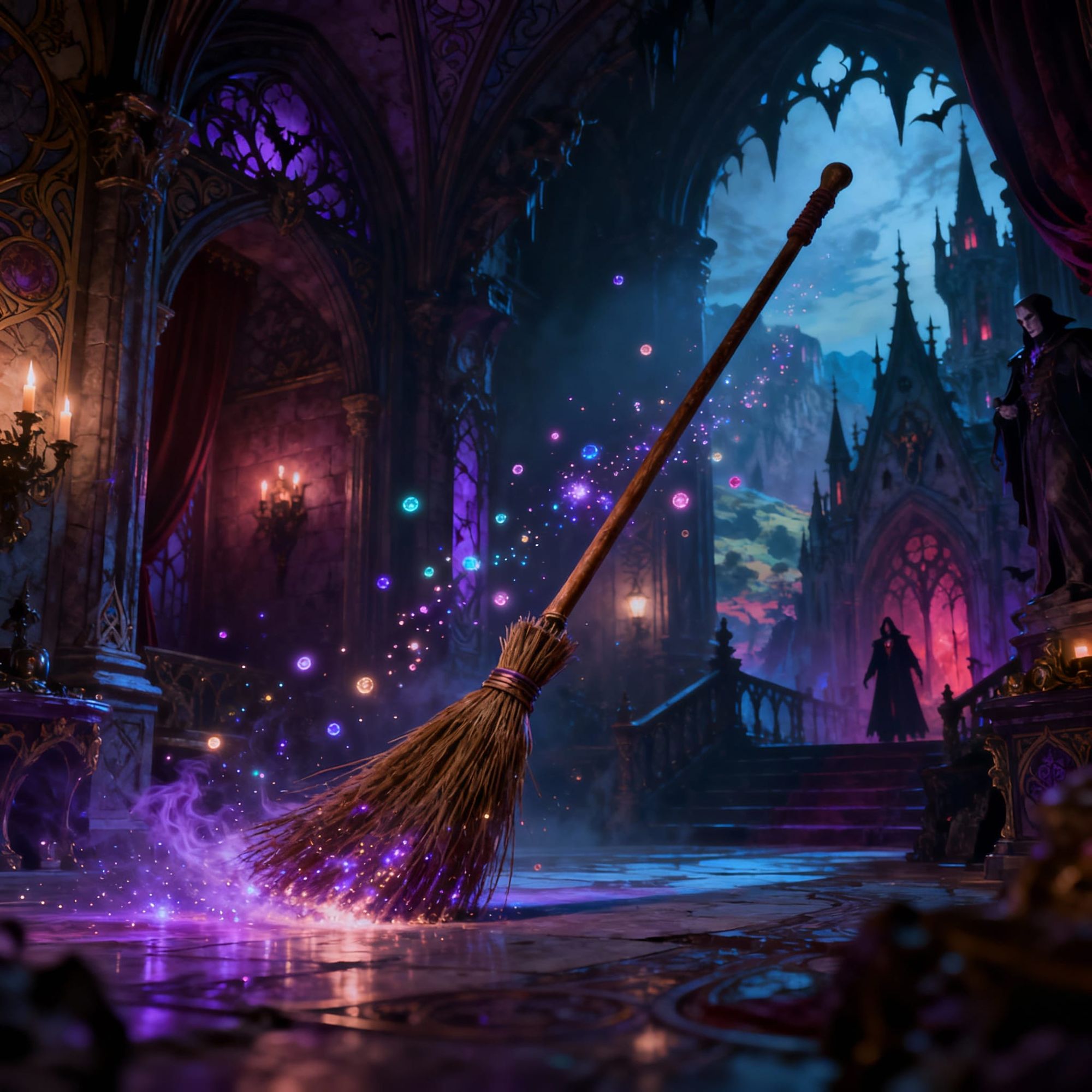 High fantasy epic magical broom sweeping a vampire castle, magical particles, broom, scenic vampiric interior, high detail, high quality, a ...