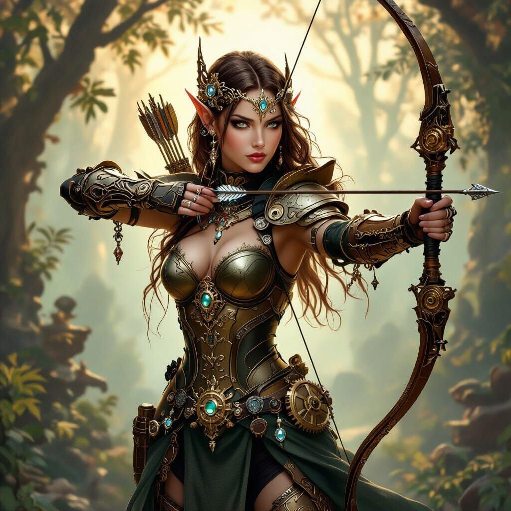 Female Fae Warrior with bow and jeweled daggers, steampunk