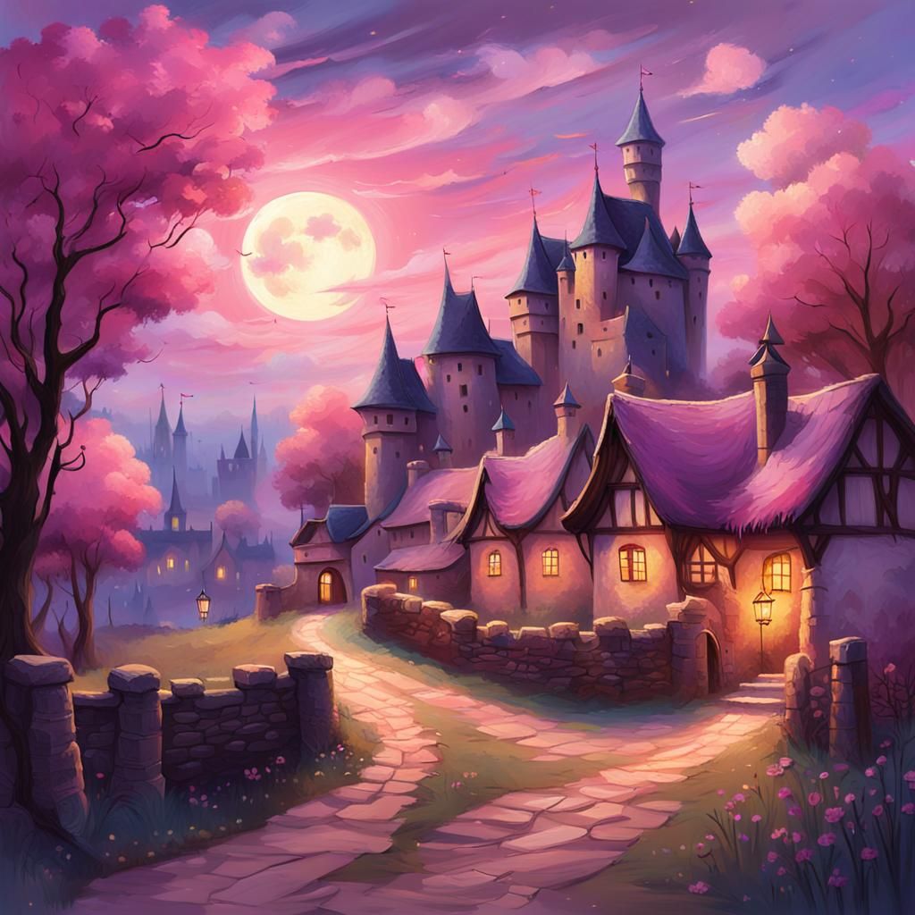 Castle behind a medival village, the night sky bright and colorful in a dream like scenery.