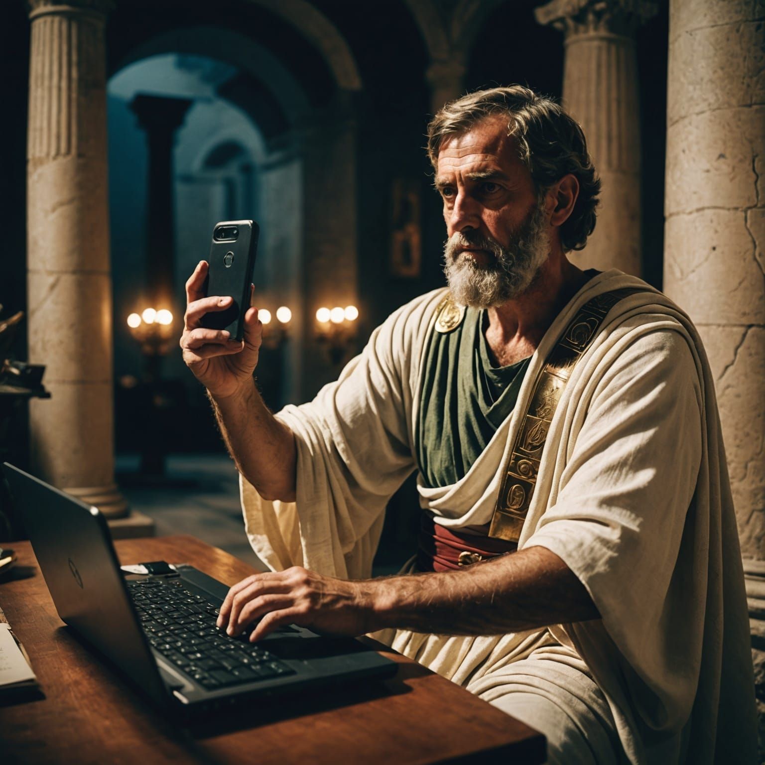 Plato typing a blog post while posting a selfie online   by @Clayton