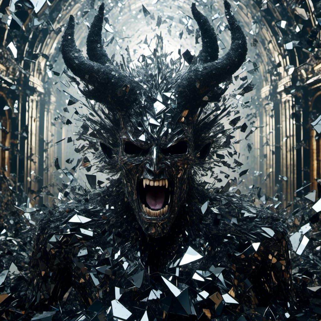 <lora:Shattered:1.0>shattered mirror, mirrors 
 close portrait,  scary black horned demon  screaming shattered face in the castle all made f...