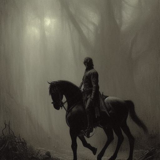 earl king, dark forest, father and son on horseback, haunted