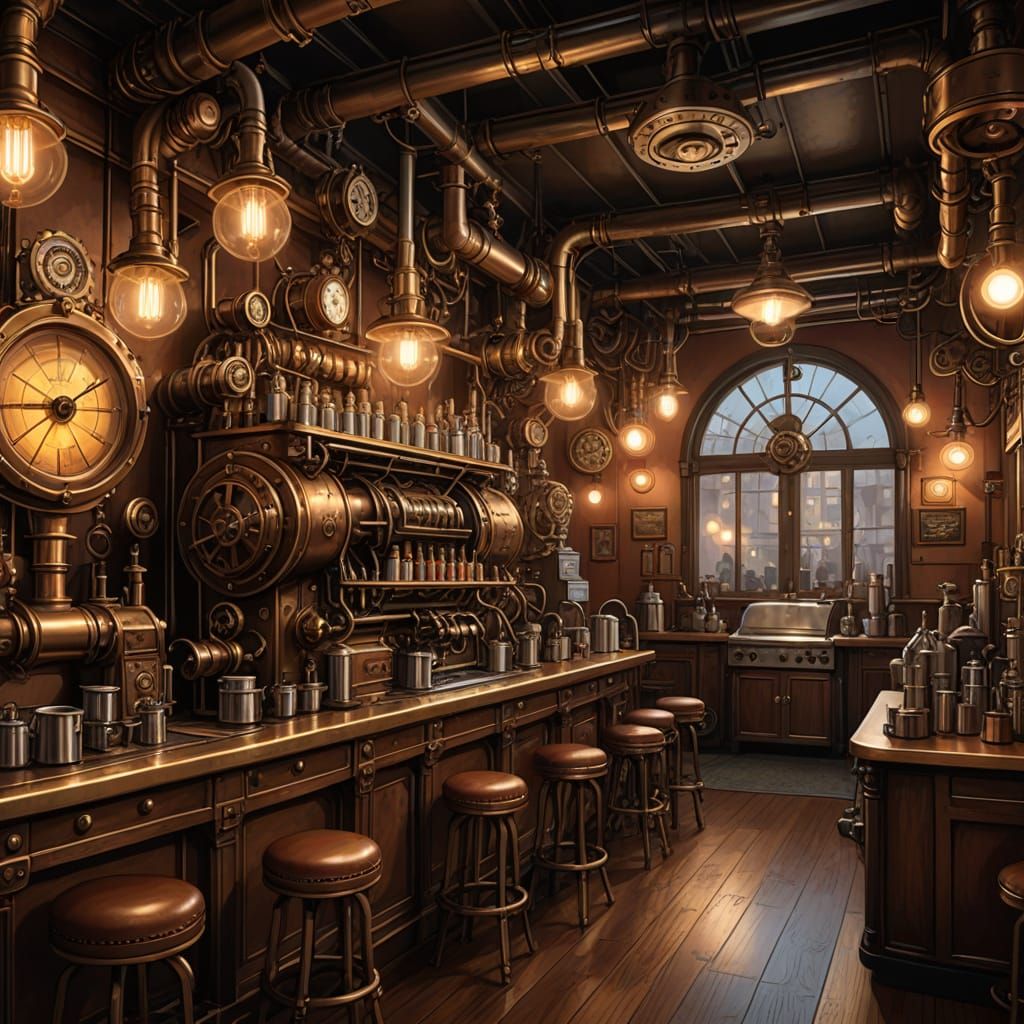 Enchanted Cafés. A steampunk-inspired coffeehouse where the espresso machines are intricate clockwork contraptions, and the steam rising fro...