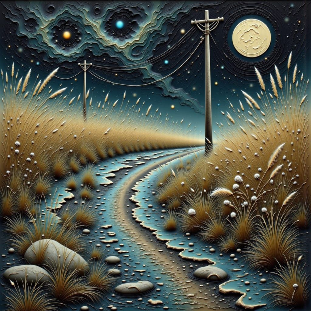 Surreal Telephone Pole at Road Fork in Encaustic Impasto Sty...