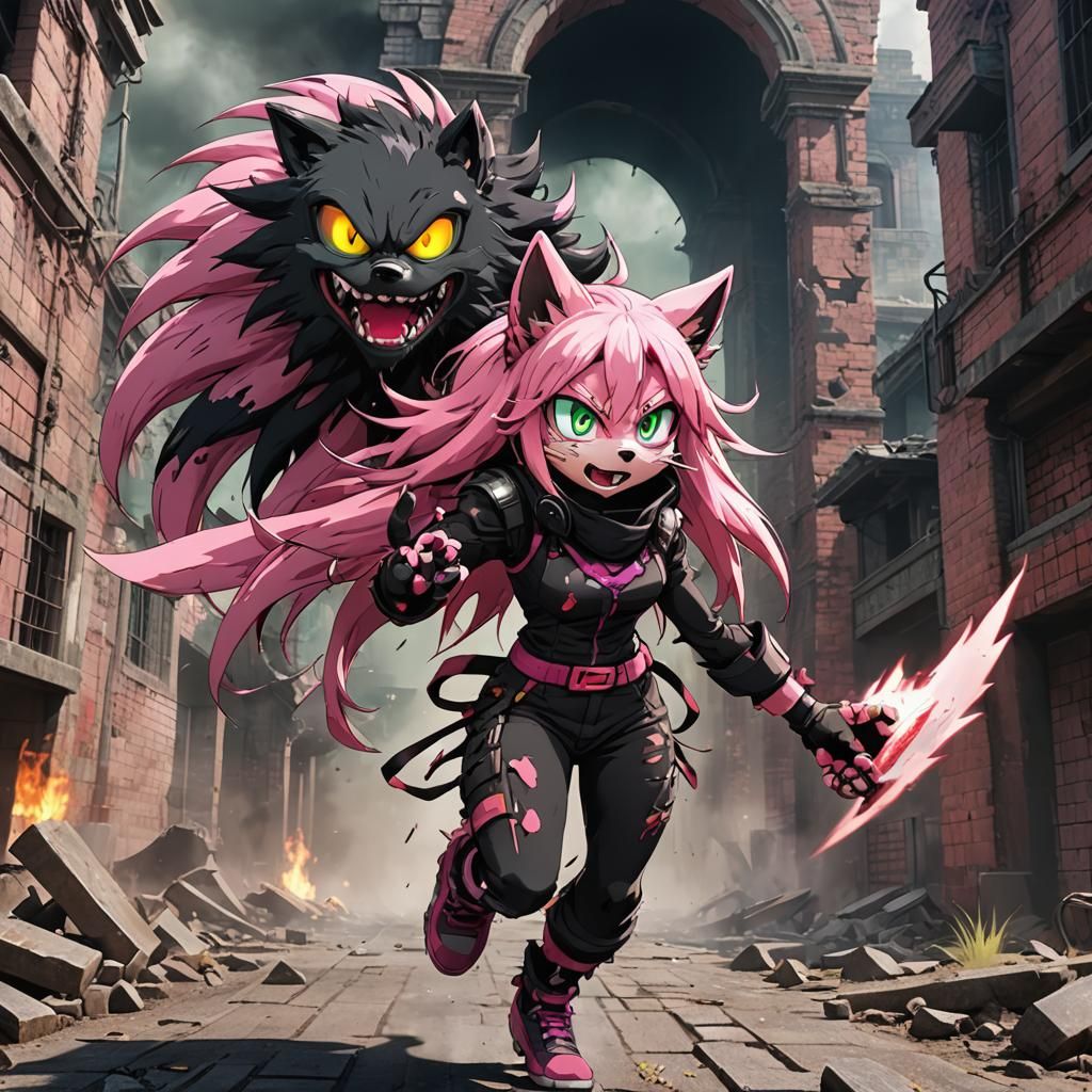 Black Sun. Grotesque form. Female. Amy.exe. Sonic.exe original character.  Scorched ruins background. Bloody fur. Very tattered clothing. Ext... - AI  Generated Artwork - NightCafe Creator