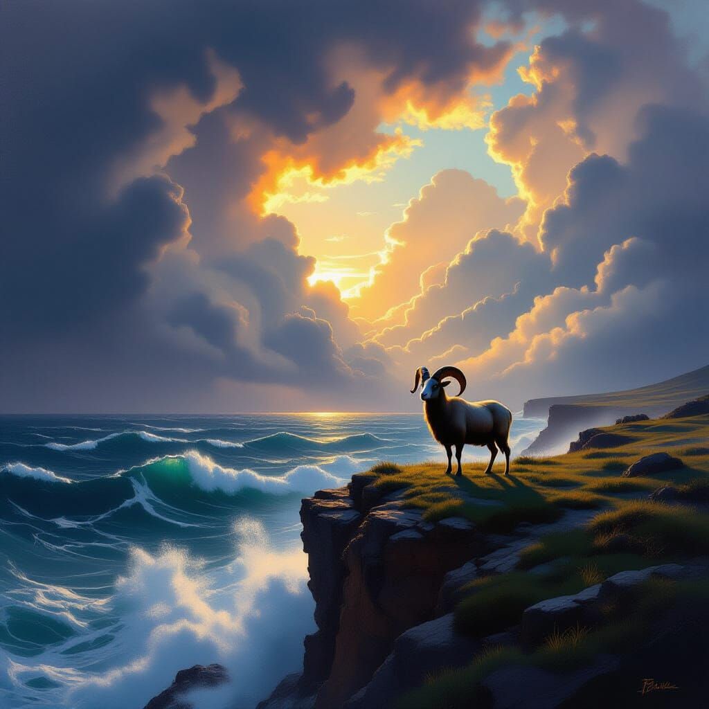 Ram on Windswept Cliff Overlooking Stormy Sea