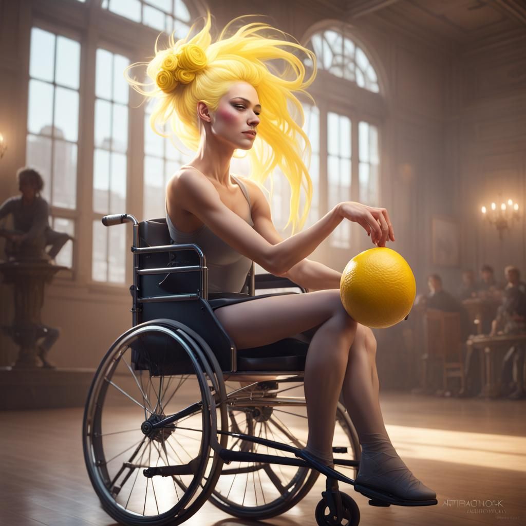 Ballerina with lemon hair in a wheelchair dancing