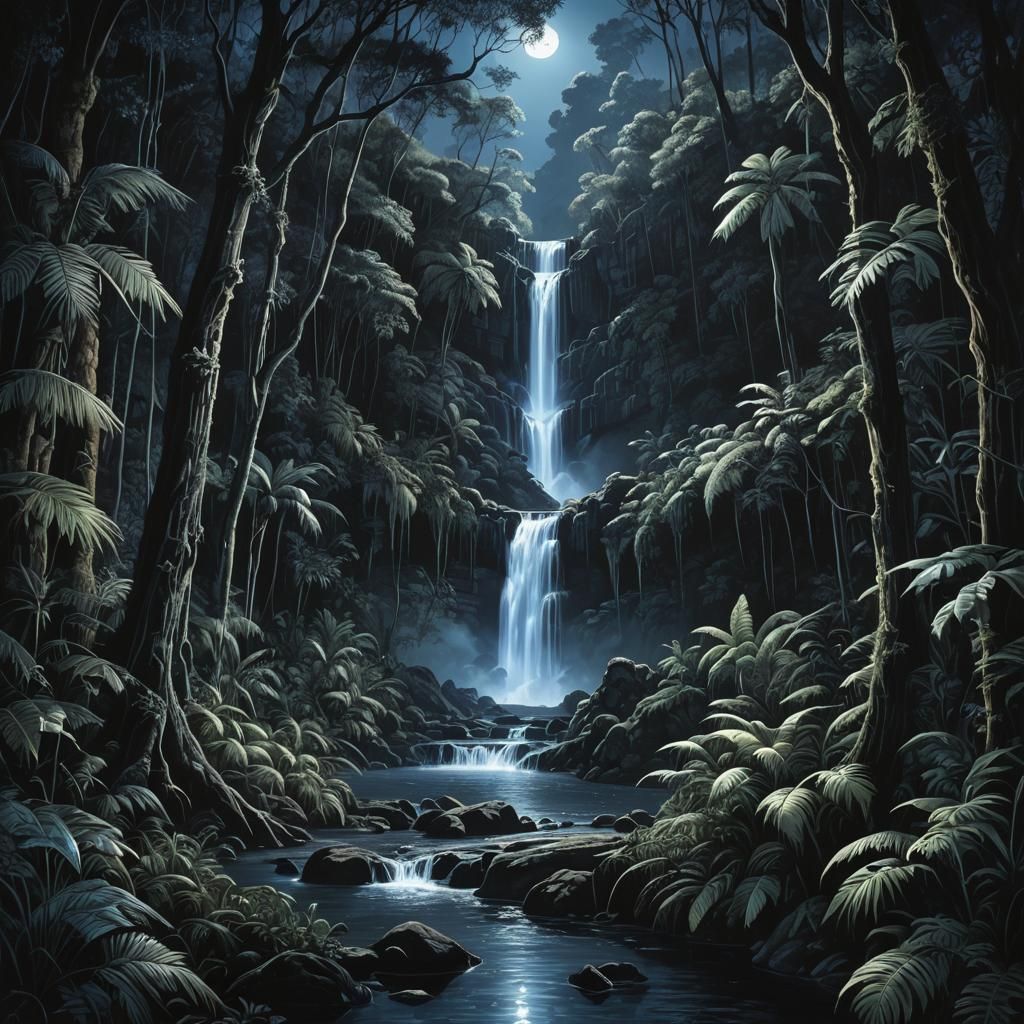 a small moonlit waterfall in the middle of a jungle at night...