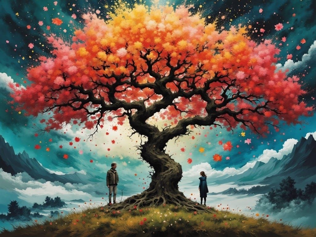 <lora:FluxInky:1.0> gorgeous tree of life with melancholy separated couple