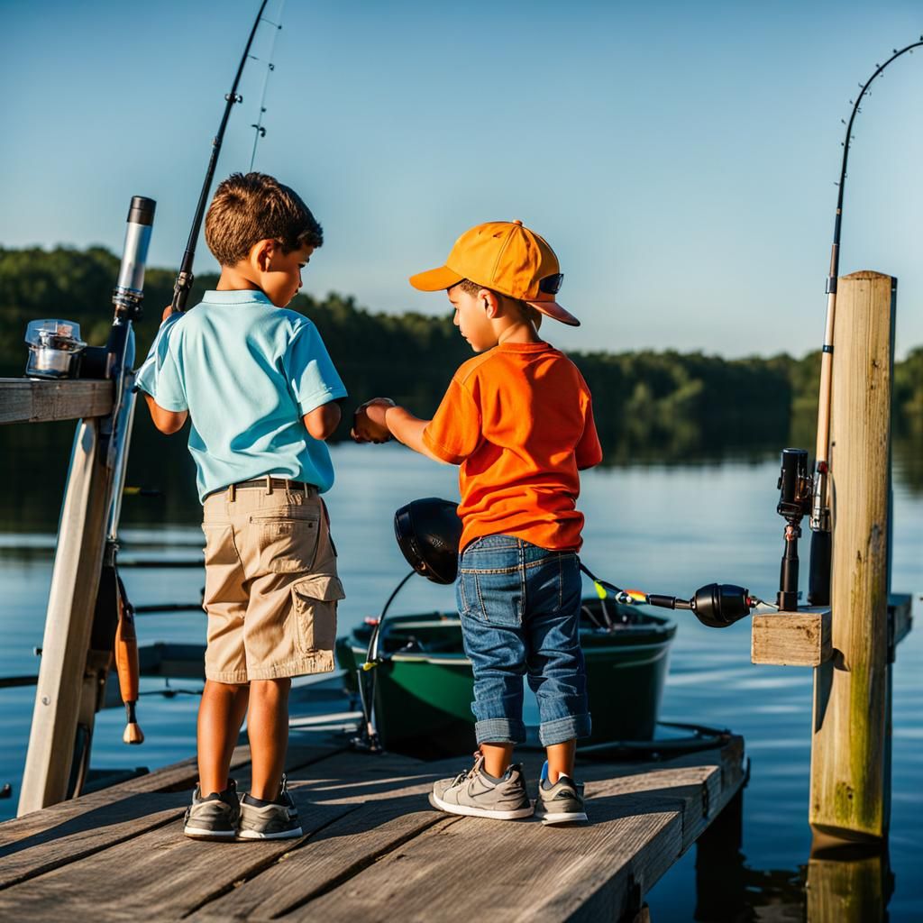 Big brother helping his little brother fishing on a boat dock .   by @Timmy Contraros