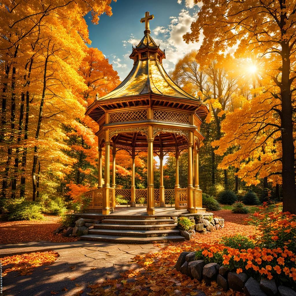 A golden gazebo with a cross on top in a forest park with trees and flowers during the autumn fall season. intricate details, HDR, beautiful...