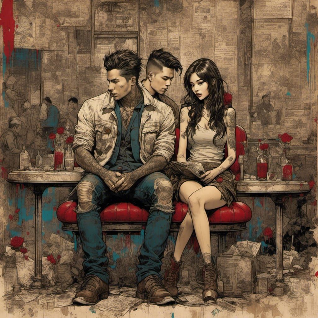 <lora:Grunge-Poster:1.0>boy and girl on date