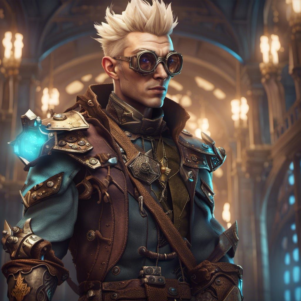 spiked Blonde male half-elf Artificer with goggles - AI Generated ...