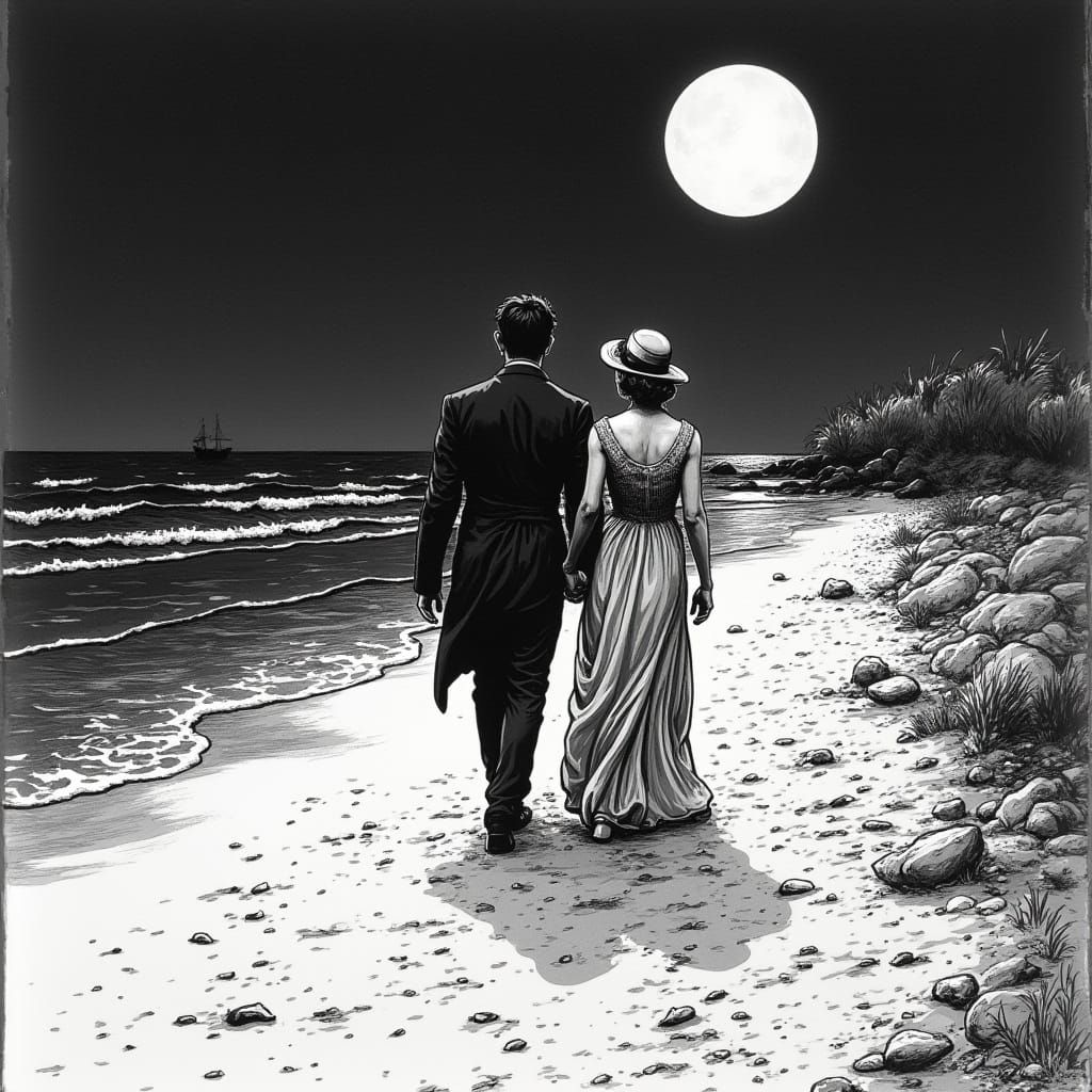 Moonlit Beach Lovers: Pen and Ink Illustration
