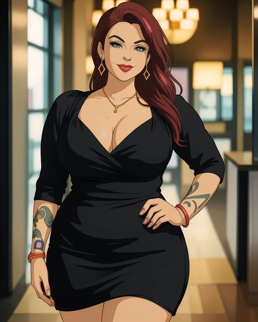 WOMAN IN A BLACK DRESS.