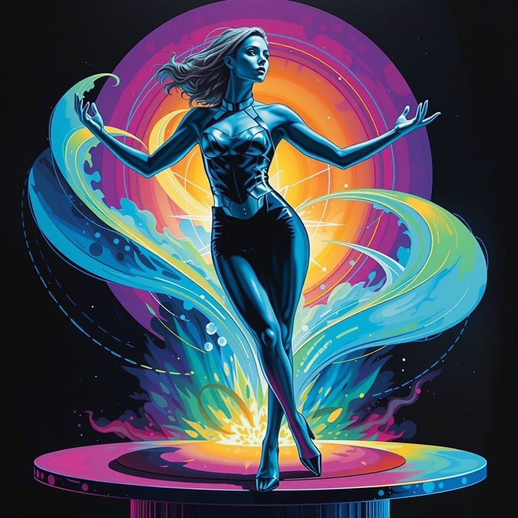 A woman, positioned centrally in the image, is depicted in a dynamic, almost ethereal pose.  She is light-skinned, appearing to be in her