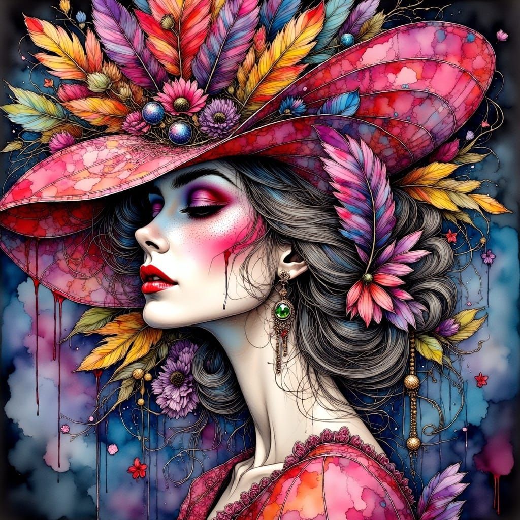 <lora:Ink Poet:1.0> Ink. Pooled pigments, delicate strokes and lines. Beautiful milliner's display, sumptuous luxurious ladies hats, dramati...