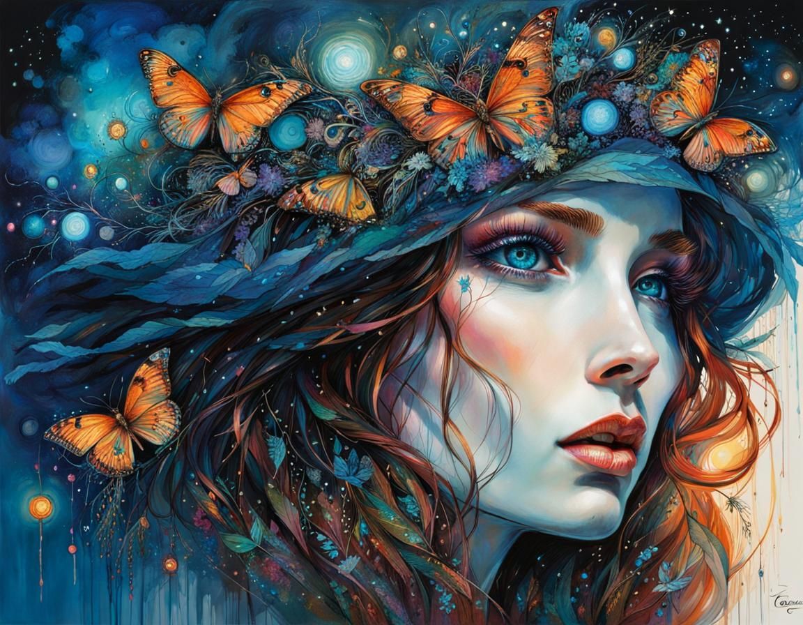 Blue-Eyed Woman Dancing in Moonlit Dreamscape